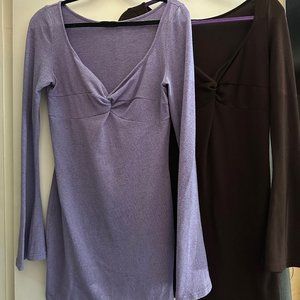 Lot 2 Sexy Twist Front Flounce Sleeve Bodycon Mini Dresses L 8/10 Purple & Brown
